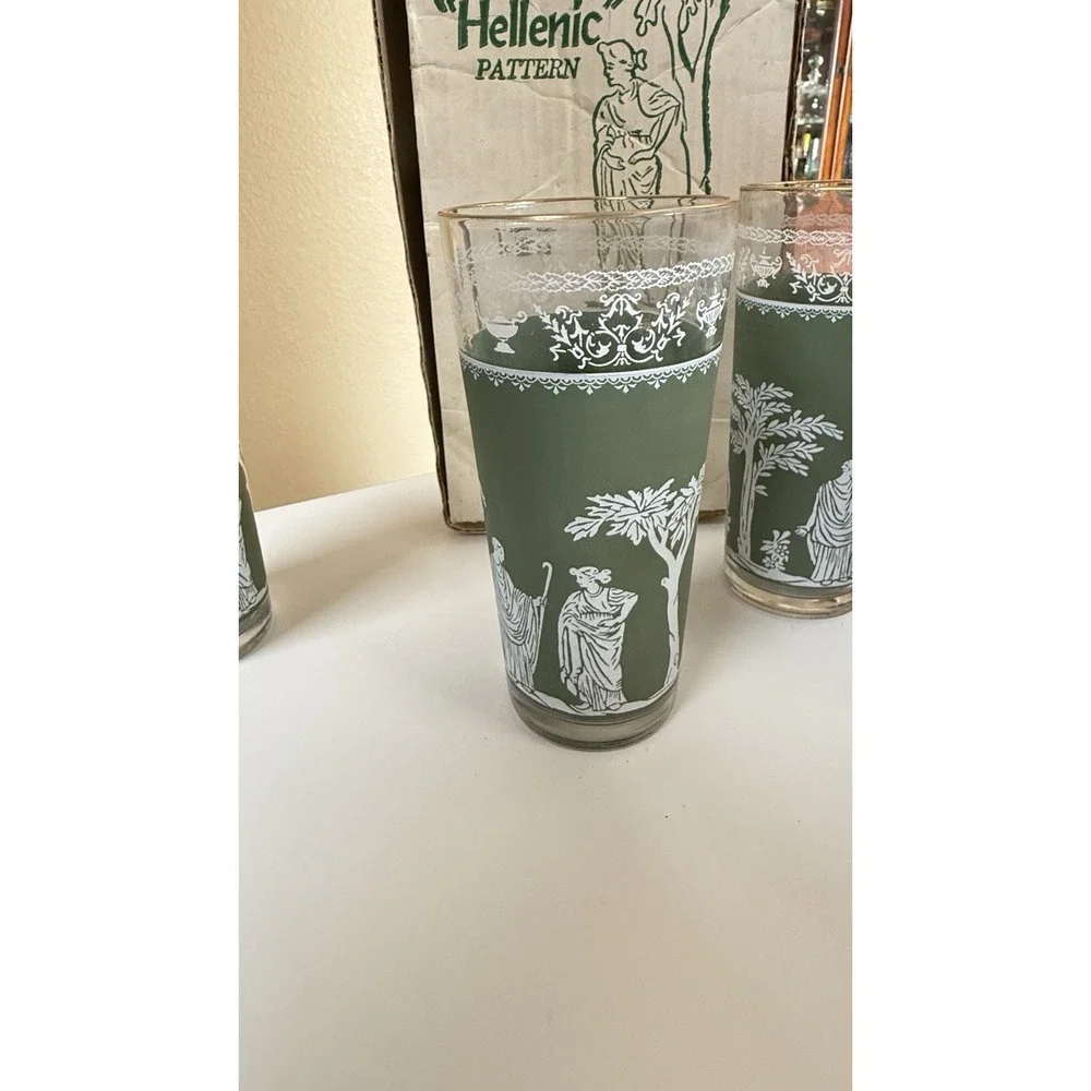 Vintage Jeannette‎ Glass Hellenic Green Grecian Glass Cups Set of 4- 16